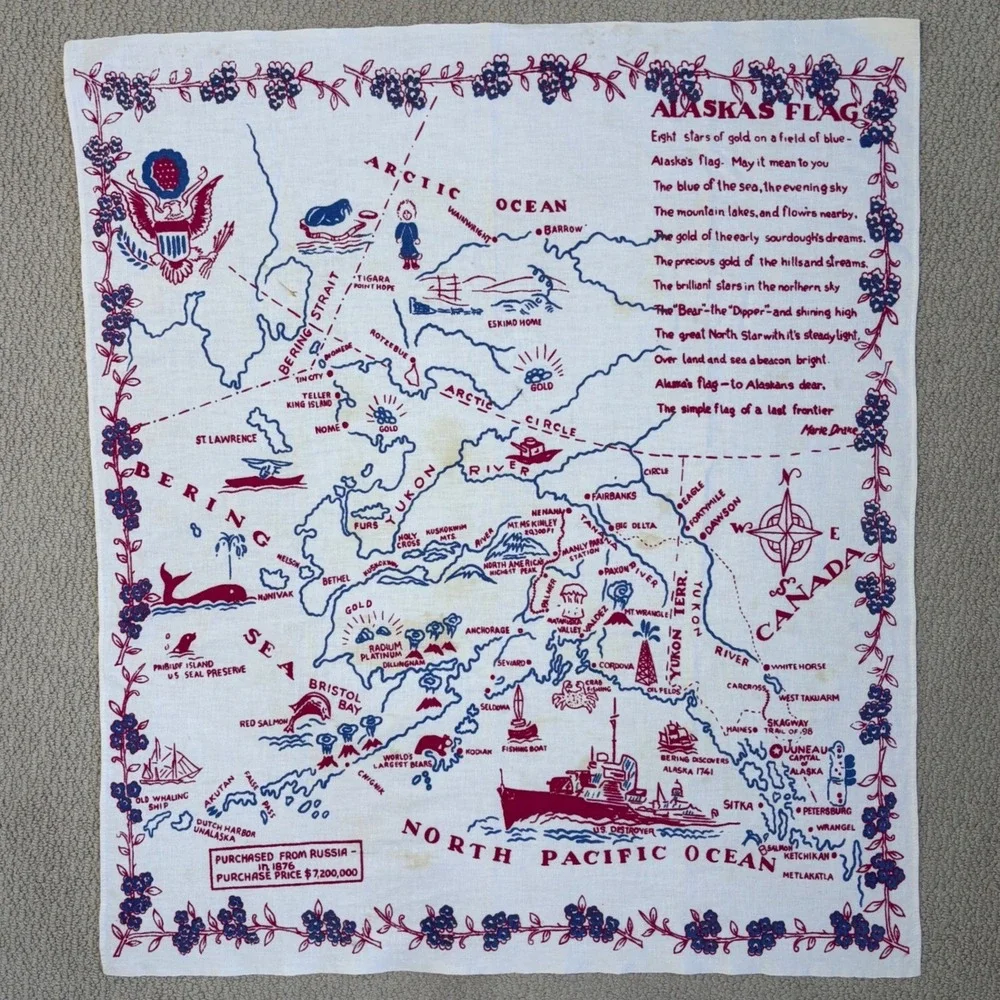 Vintage 1940s‎ 1950s Alaska Map Souvenir Table Cloth 37